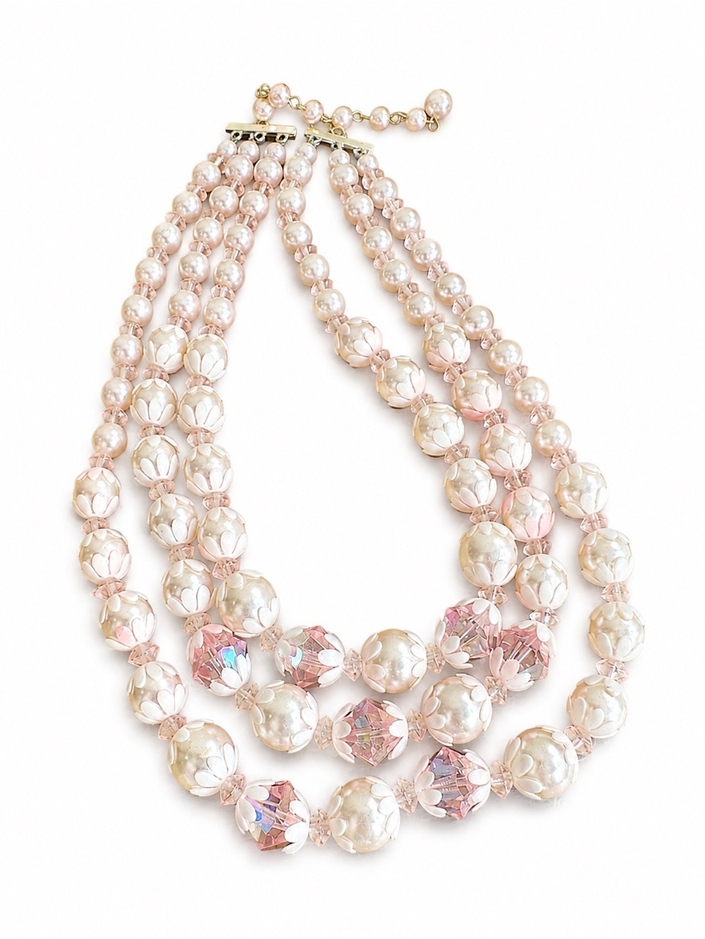 Vintage Faux Pearl & Pink Crystal Triple Strand Floral Statement Necklace 16”